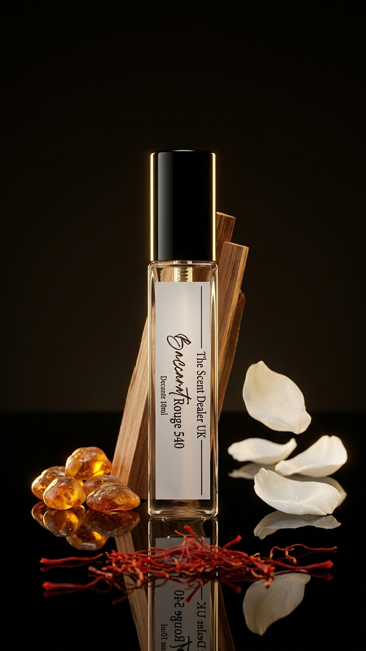 Perfume bottle with amber beads and white flowers on a reflective surface