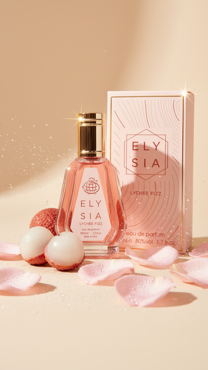 Elysia perfume bottle and packaging on a beige background with pink petals.