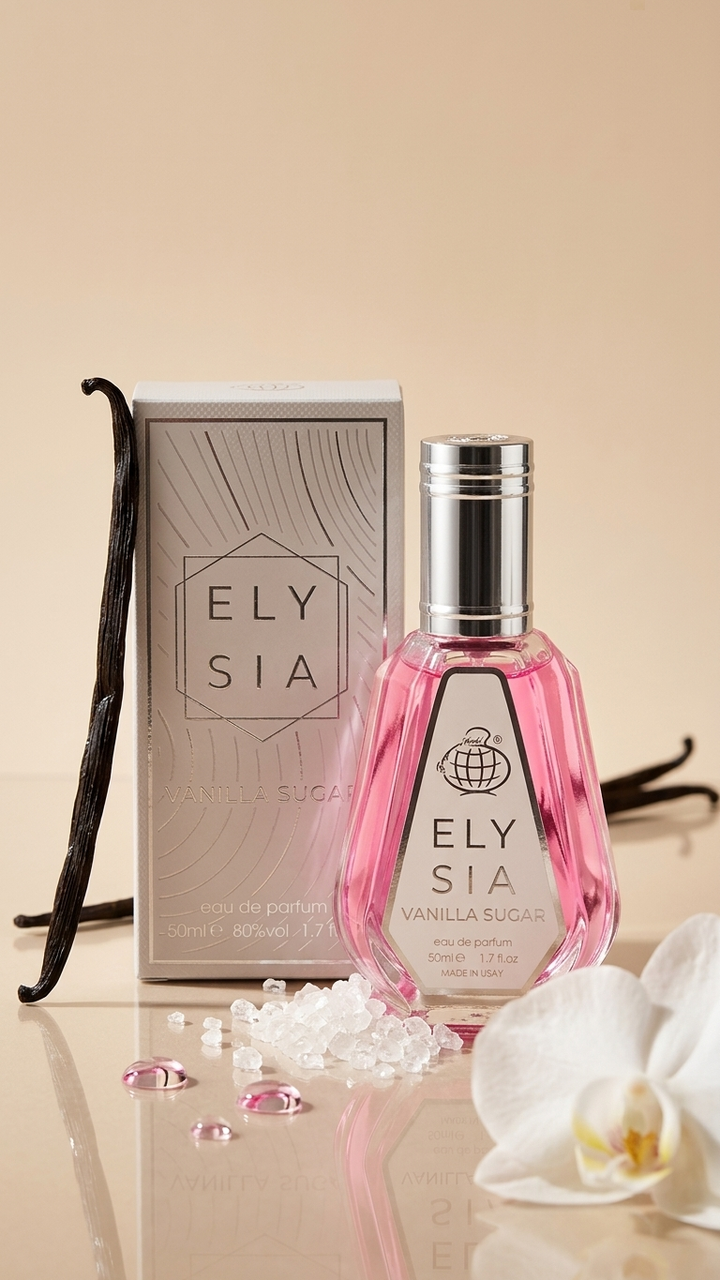 Elysia perfume bottle with packaging, vanilla bean, and flowers on a beige background