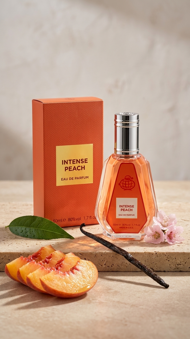 Perfume bottle labeled 'Intense Peach' with packaging and peach slices on a neutral background