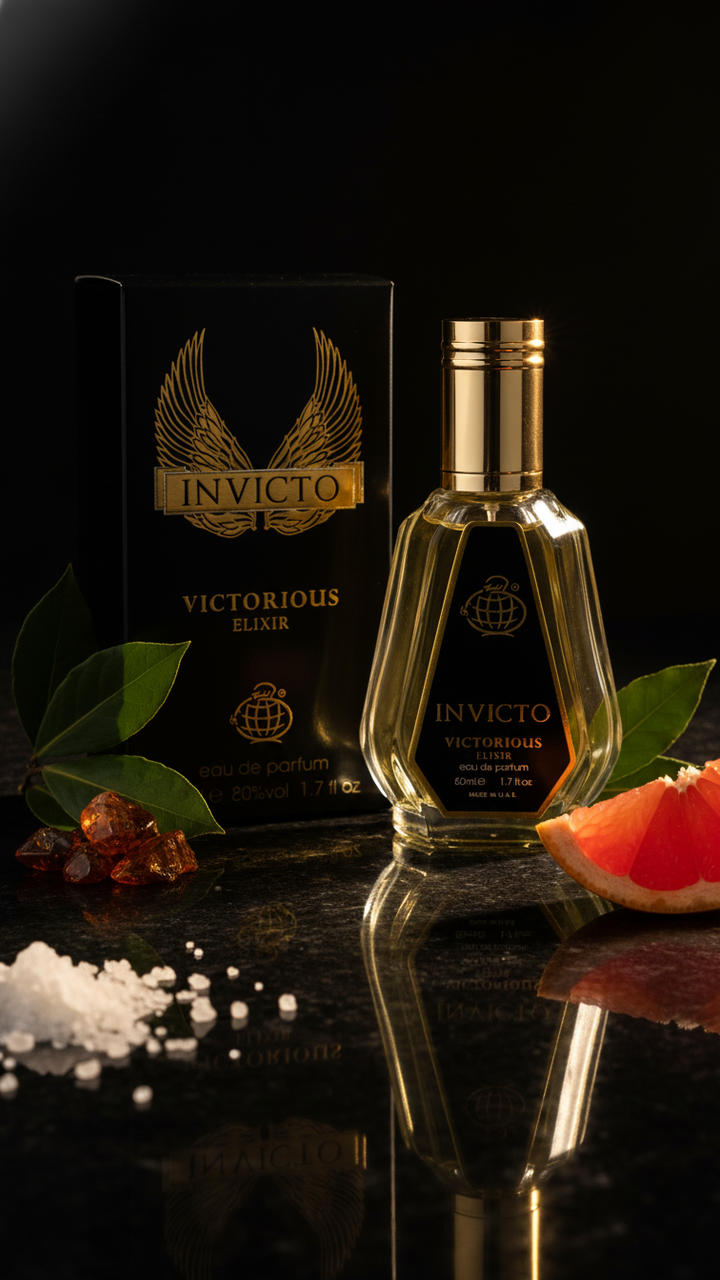 Invicto Victorious Elixir bottle and packaging on a dark surface with leaves and fruit.