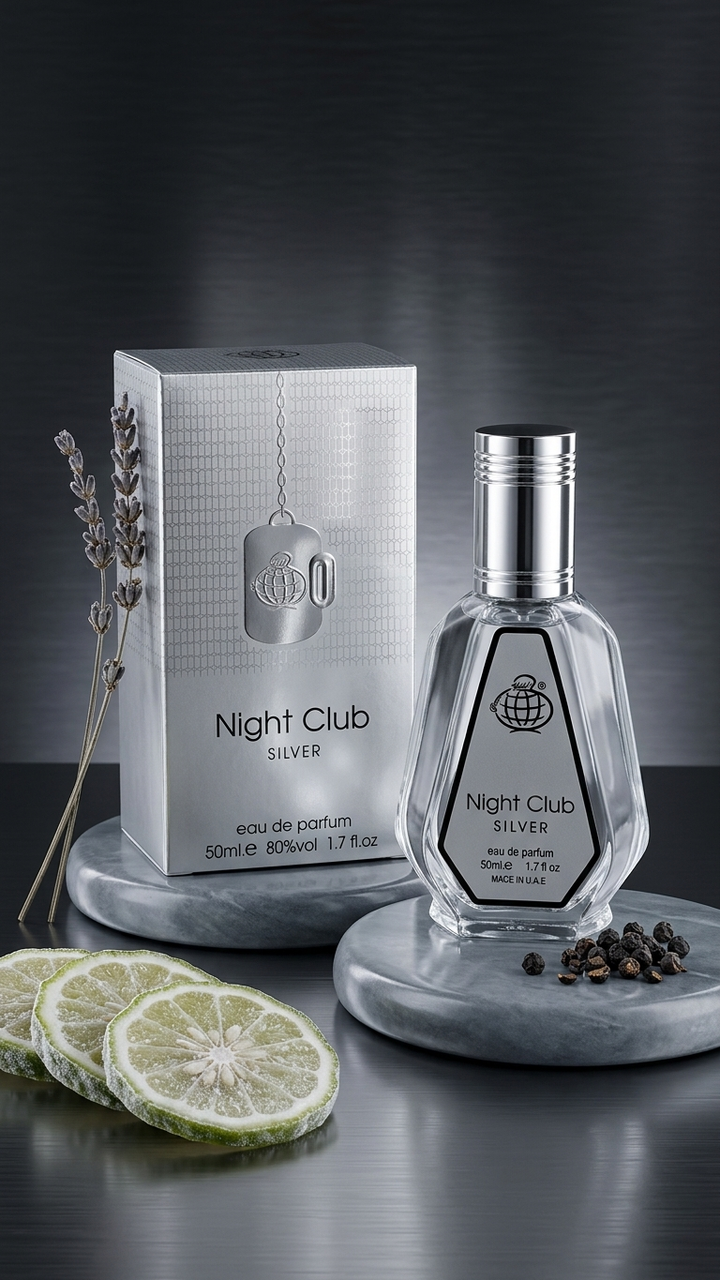Perfume bottle and packaging labeled 'Night Club Silver' on a dark surface with decorative elements.