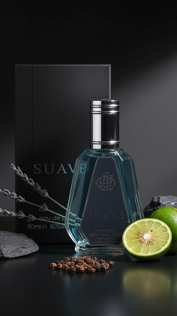 Blue bottle with silver cap labeled 'SUAVE' on a dark surface with lime and lavender.