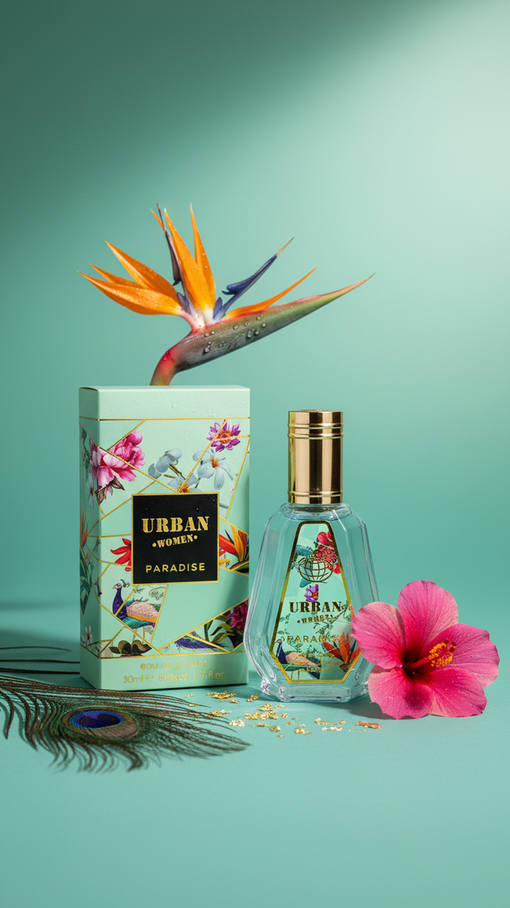 Urban Paradise perfume bottle and packaging on a teal background with flowers and feathers.