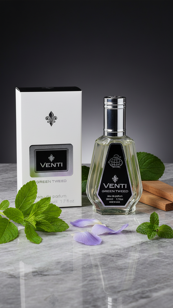 Venti Green Tweed perfume bottle and packaging on a marble surface with green leaves and wooden elements.