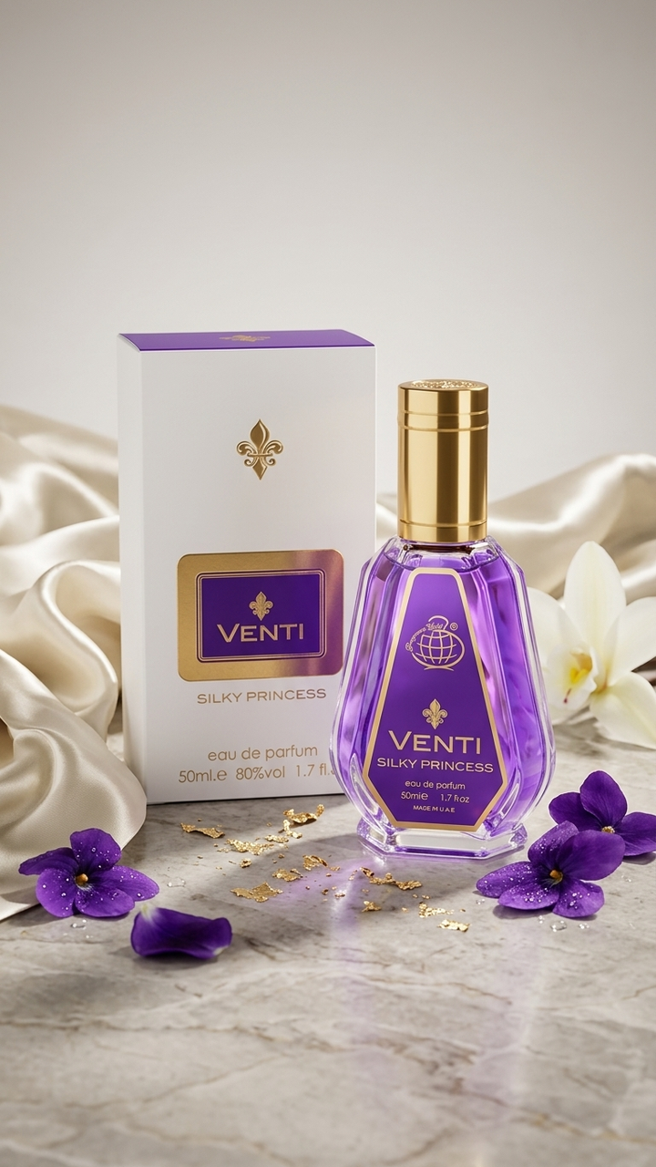 Venti Silky Princess perfume bottle and packaging on a marble surface with flowers.